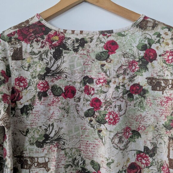 Great Northwest Top Women's Large Cream Red Floral All over Print 3/4 Sleeve Top - Picture 12 of 16